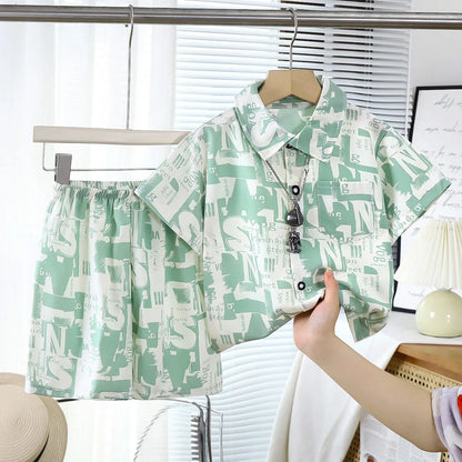 Childrens Summer Beach Outfit Boys Short Sleeve Shirt and Shorts Two Piece Set Casual Baby Clothes Toddler Clothing
