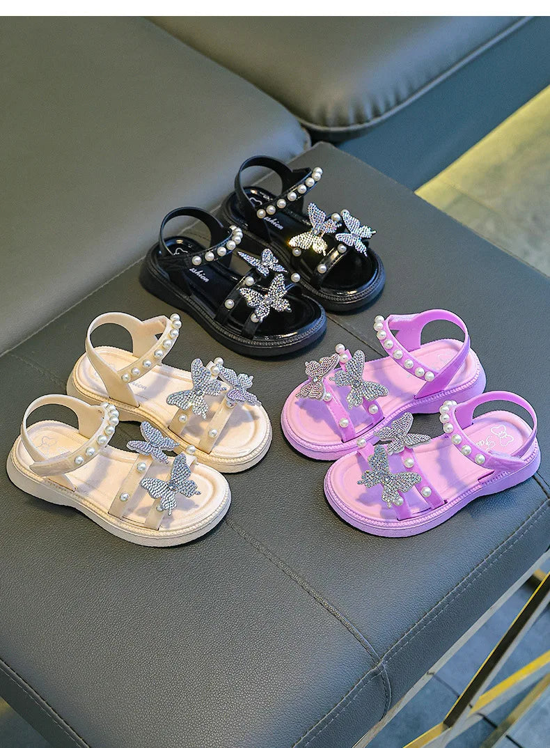 Kids' Sandals PU Leather Sequin Peep Toe Summer Outdoor Flat Shoes For Girls Breathable Anti-slip White Purple Pink