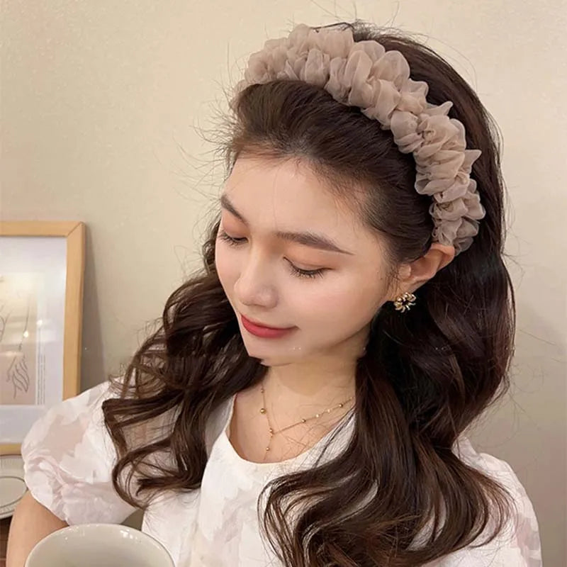New Trendy Solid Color Mesh Pleated Headbands for Women Korean Elegant Ruffle Hairband Hair Band Headwear Hair Accessories