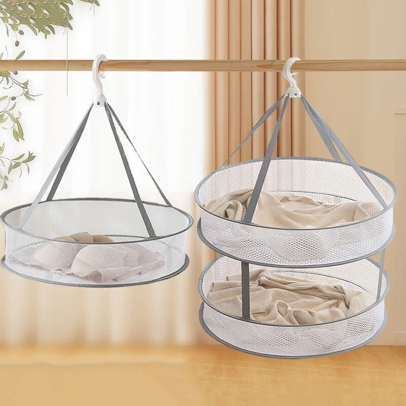 Foldable Hanging Dryer Basket - 1/2-Tier Mesh Drying Rack for Delicates, Baby Clothes & Towels, Space Saving Laundry Organizer