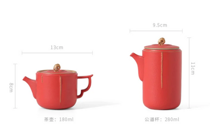 Traditional Chinese Tea Set, Porcelain Teapot, Stainless Steel, Tea Strainer, Cup, Bride and Groom Gifts, Traditional Red, Wed