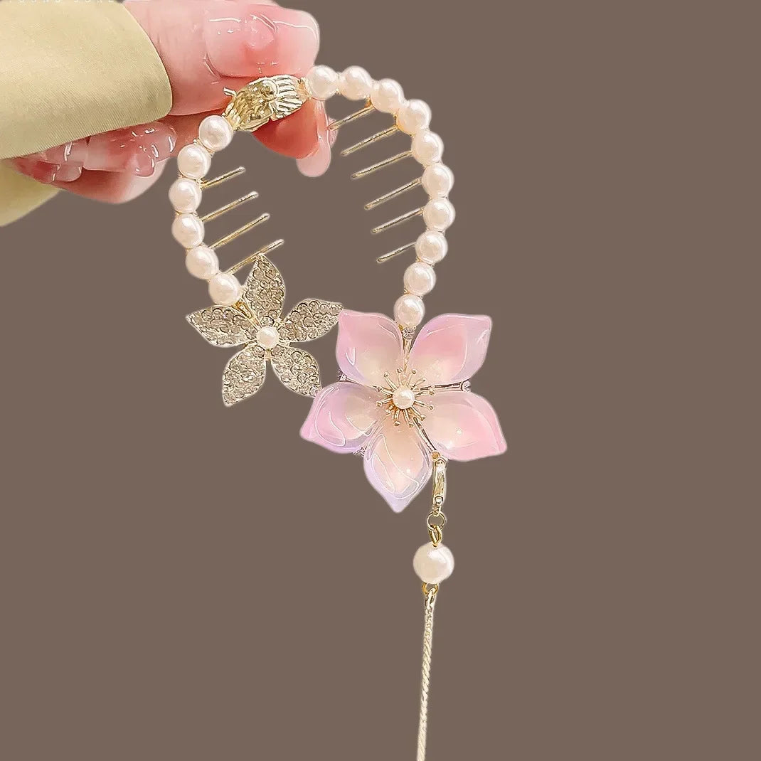 Ladies Butterfly Rhinestone Pearl Metal Hair Claw Round Bun Ponytail Holder