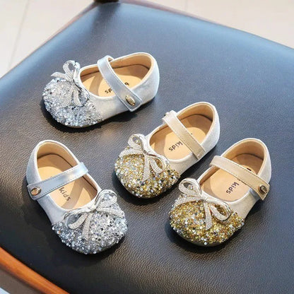 Bling Sequine Flats Shoes For Kids Princess Gold Silver Bowtie Dress Shoes For Toddler Girls Spring Autumn Causal Baby Walkers