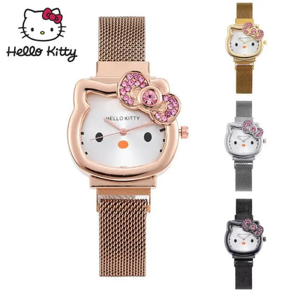 Hello Kitty Cartoon Watch Cute Student Fashion Watch Bow Decoration Quartz Wristwatch Girl Christmas Gift