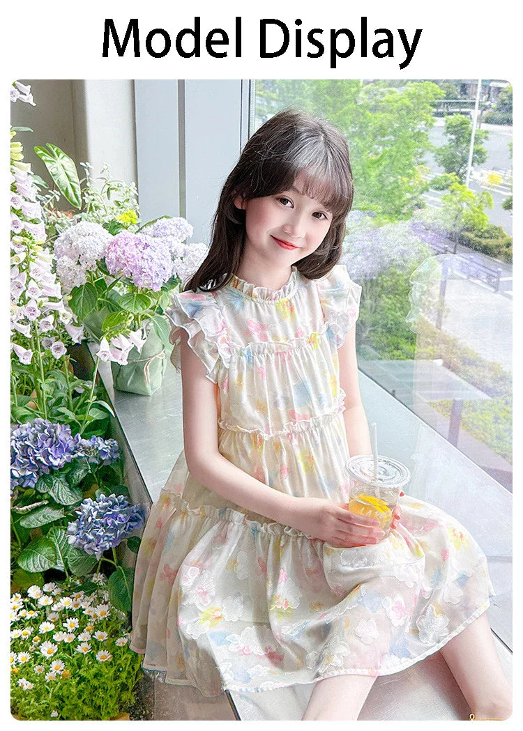 Summer girl's dress new style children's Western style floral chiffon princess dress printed baby's park play skirt