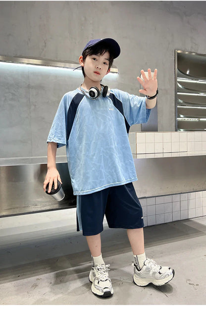 Boys Clothes Sets Summer Kids Sport Short Sleeve T-shirt + Shorts 2 Pieces Suit Teenage Child Outfits For 5 6 8 10 12 14 Years