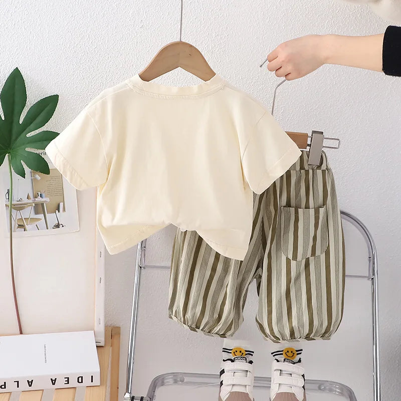 Summer Kid's Clothing Sets Boys' Short Sleeve Outfit Vertical Stripes T-shirt Pants 2Pcs Trendy Children's Costume Stylish