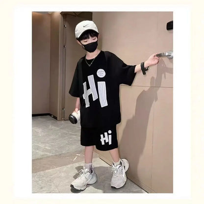 New Boys Sport Clothing Sets Summer Big Kids Loose Clothes Suit Short Sleeve Tops+Shorts 2Pcs Children Fashion Handsome Outfits