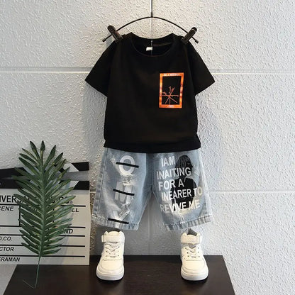 New Boys Sleeveless Vest Denim Shorts 2PC Sets Outdoor Festival Clothing Vintage Print Kids Miracle Design 2-10 Years White Tops