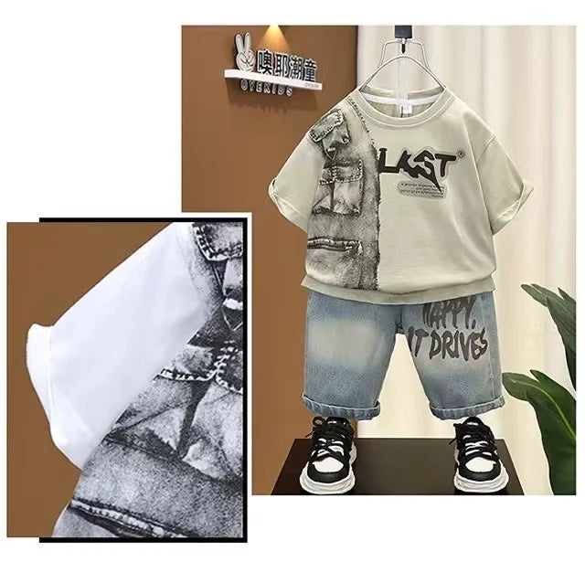 Boys Summer Clothing Set New Handsome Children's Short Sleeved Clothes Trendy Baby T-shirt Jeans Thin Two-piece Set