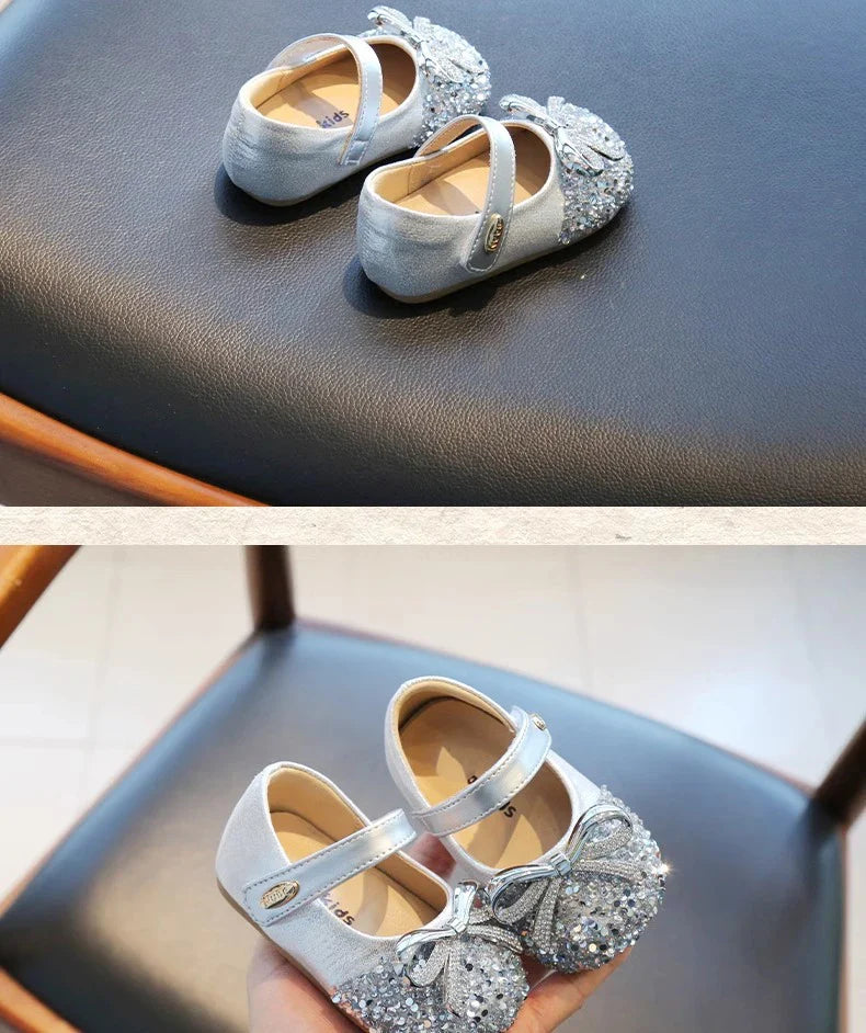 Bling Sequine Flats Shoes For Kids Princess Gold Silver Bowtie Dress Shoes For Toddler Girls Spring Autumn Causal Baby Walkers