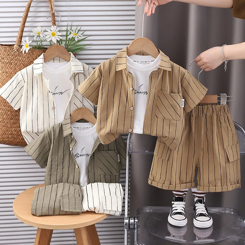 New Fashion Soft and Comfortable Children's Coffee Vertical Stripe Shirt Shorts Three-piece Set Kids Clothes Boys