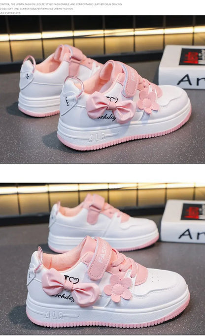 Girls Sneakers Pink Bow Decoration 3D Flowers Cute Sports Shoes Spring Autumn Breathable Casual Non-slip Outdoors Board Shoes