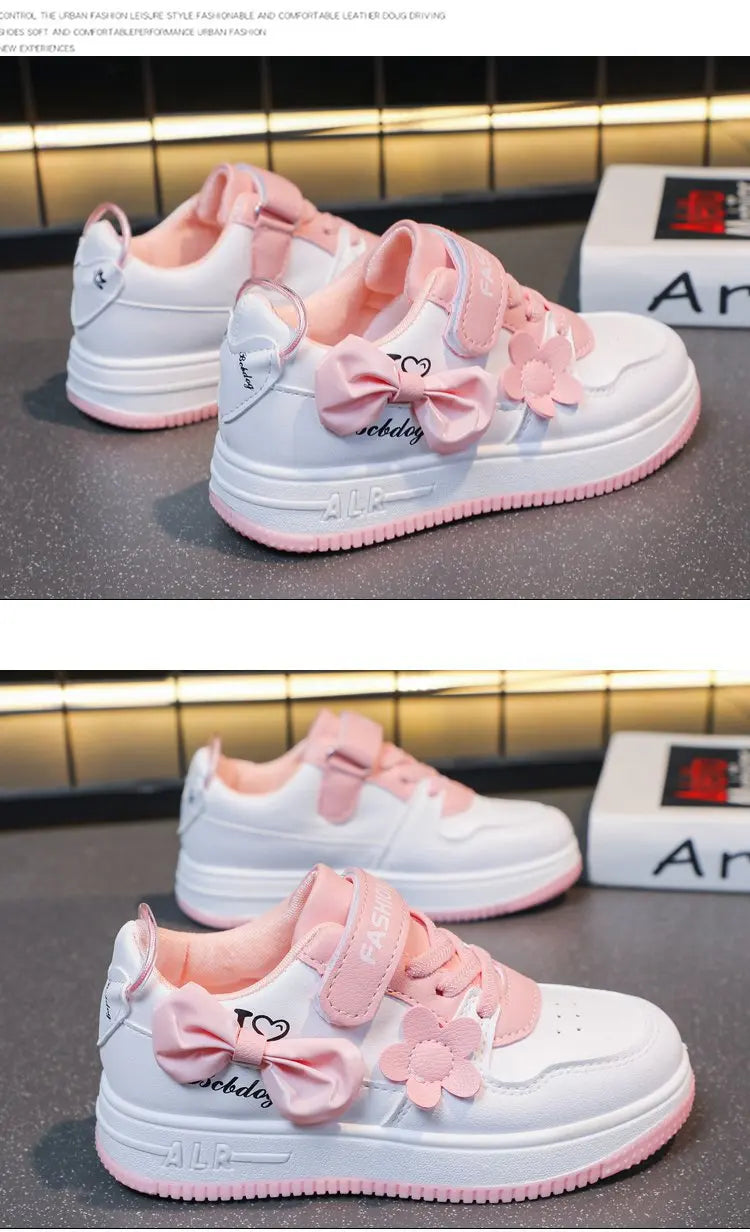 Girls Sneakers Pink Bow Decoration 3D Flowers Cute Sports Shoes Spring Autumn Breathable Casual Non-slip Outdoors Board Shoes