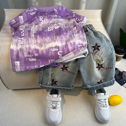 New Boys Fashion Summer Cotton Letter Printing T-shirts+Graffiti Denim Shorts 2pcs Set Kids Korean Outfits Sets Children Clothes