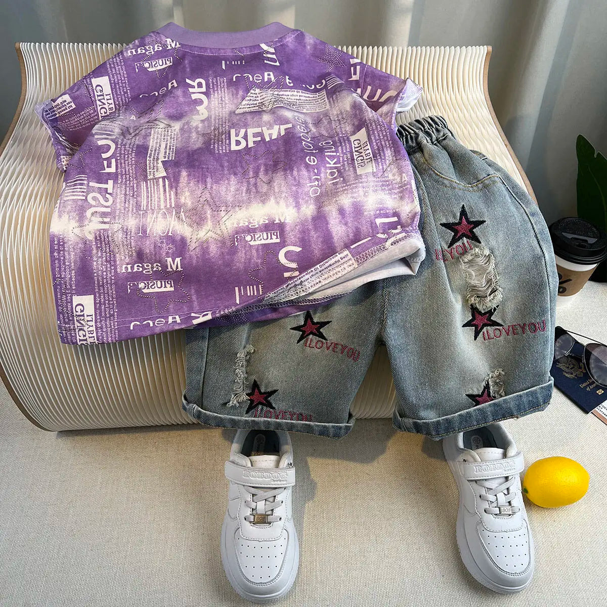 Korean Children's Summer Clothes Kids Set Outfits Boys 2025 Handsome Sleeveless&Short Sleeved T-shirt Denim Shorts 2-piece Set