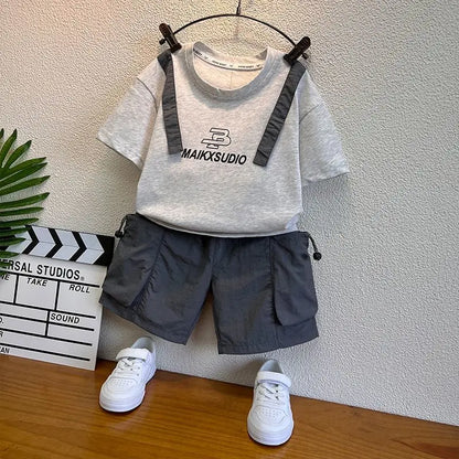 New Boys Sleeveless Vest Denim Shorts 2PC Sets Outdoor Festival Clothing Vintage Print Kids Miracle Design 2-10 Years White Tops
