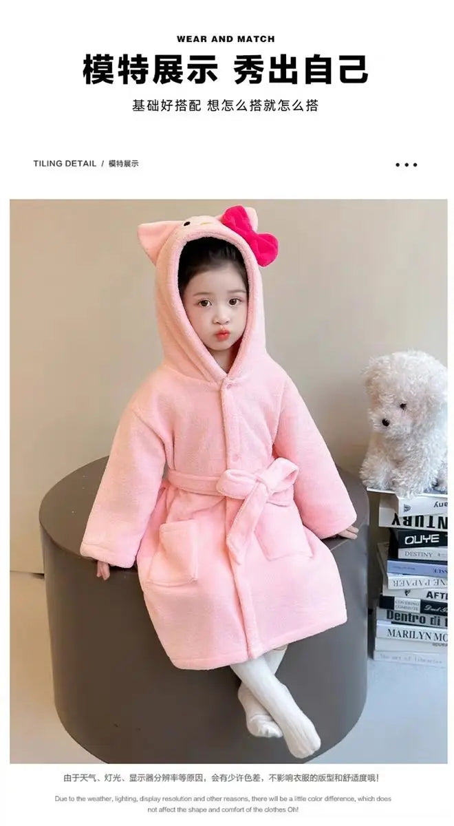 Sanrio Hello Kitty Children Bath Robe Pajamas Terry Cloth Girls Babies Toddlers Spring Winter Home Wear Hooded Cozy Sleepwear