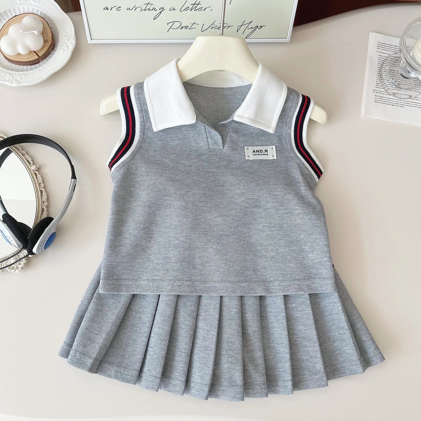 Baby Girl College Style Summer 2PCS Clothes Set Polo Collar Kid Girl Vest Top Set Thin Stylish Stripe Pleated Skirt Belle Outfit