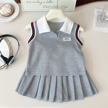 Baby Girl College Style Summer 2PCS Clothes Set Polo Collar Kid Girl Vest Top Set Thin Stylish Stripe Pleated Skirt Belle Outfit