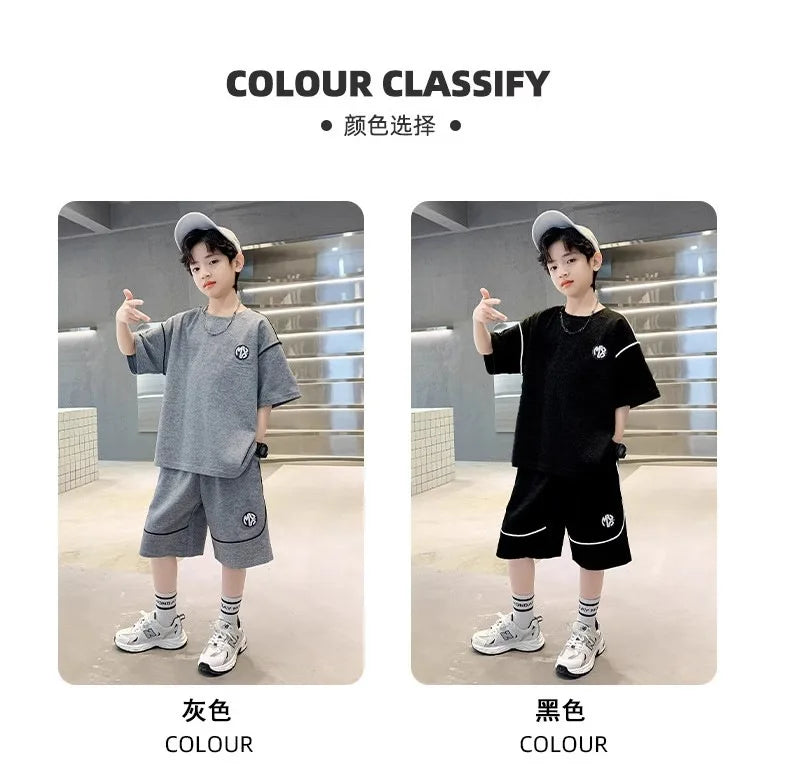 Boys Suit Child set Clothes Short-Sleeved loose black t-shirt + half pants Teenager Tracksuits Kids 8 10 12 year
