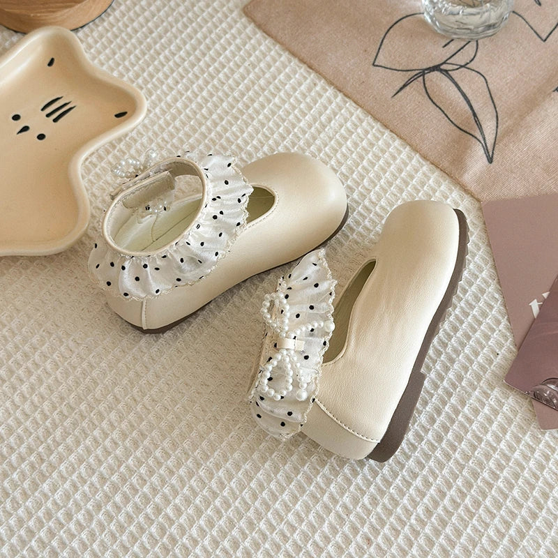 Girl's Leather Shoes Frilly Pearl Adorable Hook-loop Kids Flat Shoe Beige Brown Shallow Sweet Trendy Children Shoe 23-34