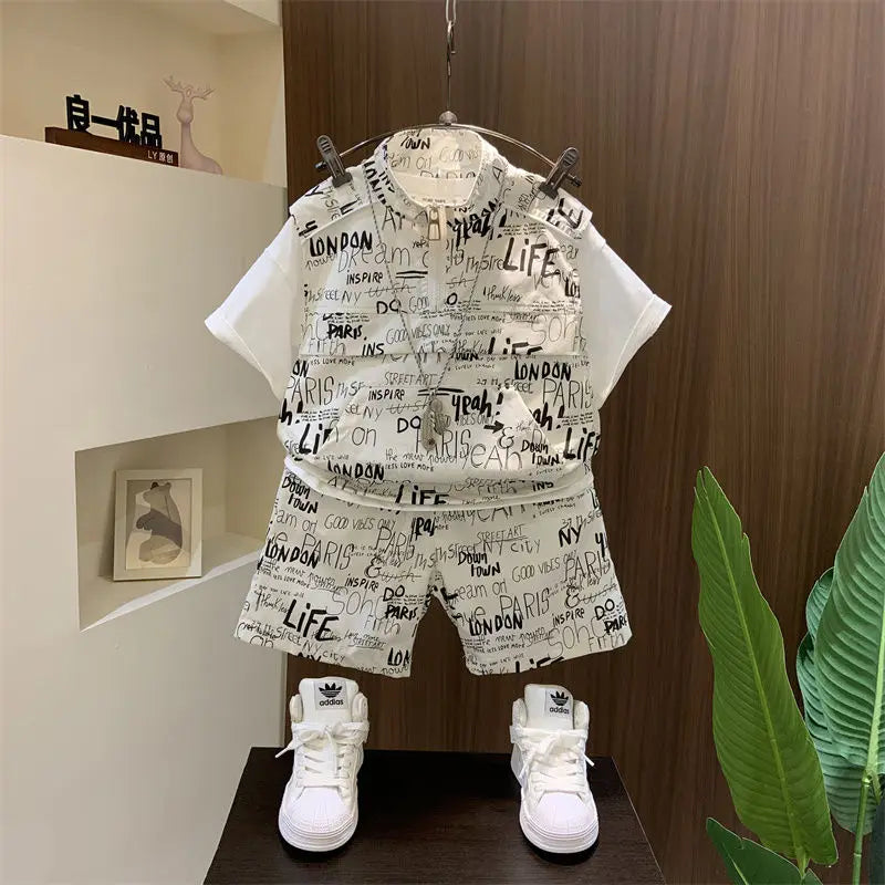 Korean Boys Summer Children's Top and Bottom 2PC Sets Short Sleeve T-Shirt & Denim Shorts Kids Clothes 1-7 Years Black Toddler