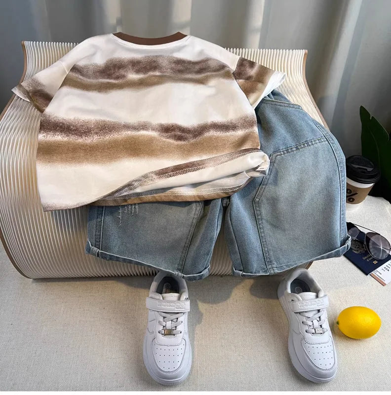 New Boys Fashion Summer Cotton Letter Printing T-shirts+Graffiti Denim Shorts 2pcs Set Kids Korean Outfits Sets Children Clothes