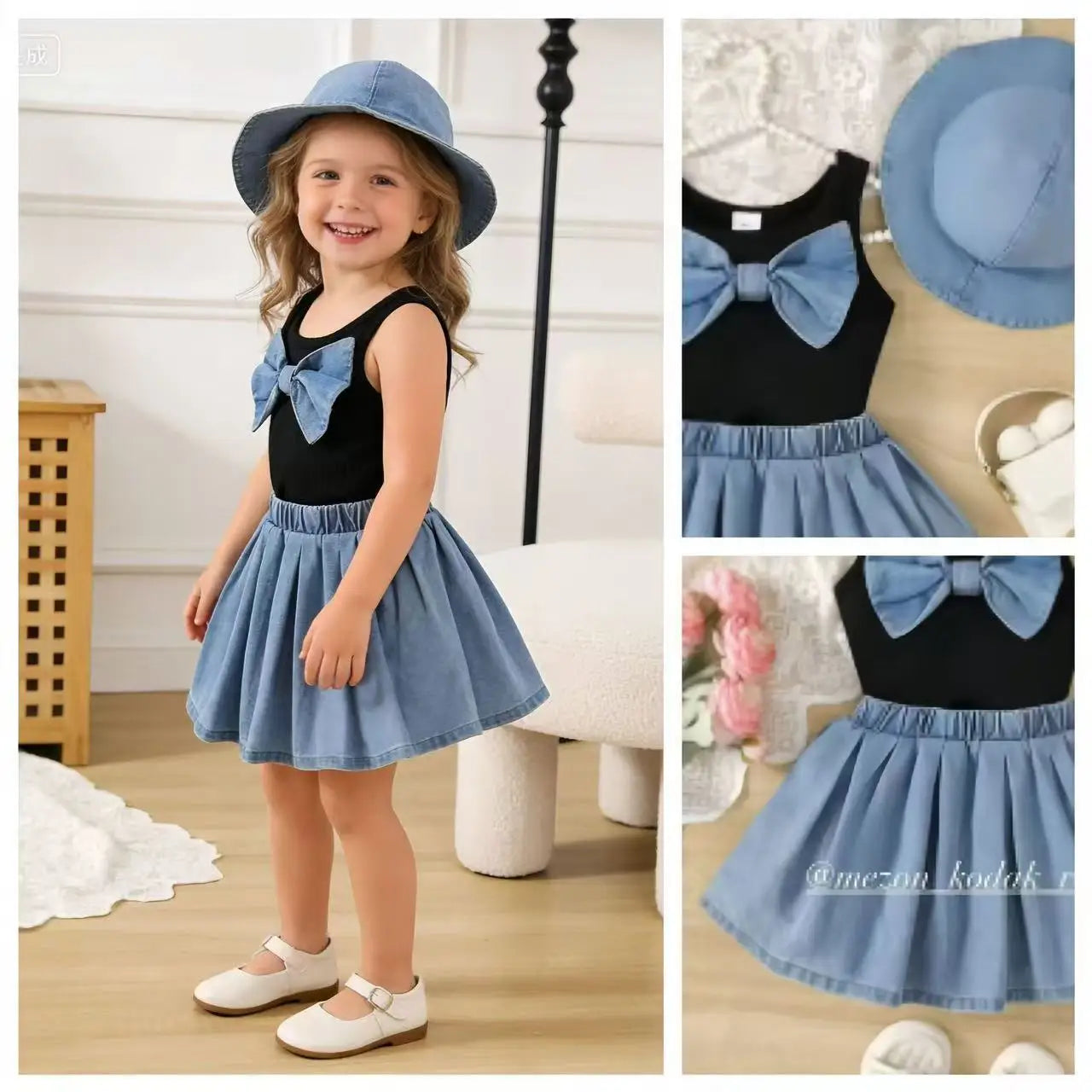 2026 New Summer Girls Elegant Sleeveless Bow Vest & Vintage Denim Princess Dress 9M-4Y
