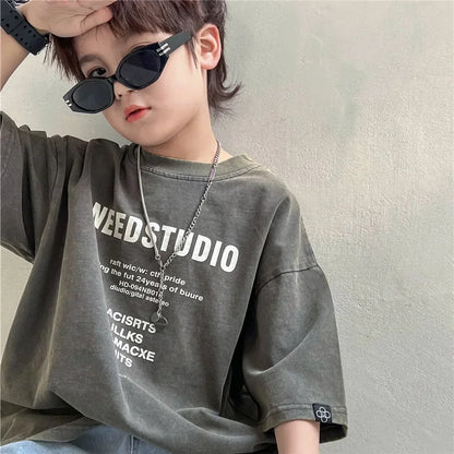 Pure Cotton Children's Short Sleeved Simple Trendy Letters Faded and Worn Half Sleeved T-shirts Boys Girls Stylish