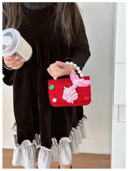 Sweet Bow Children's Small Square Shoulder Bag Sequin Lace Princess Girls Crossbody Bags Pearl Handle Coin Purse Handbags Gifts