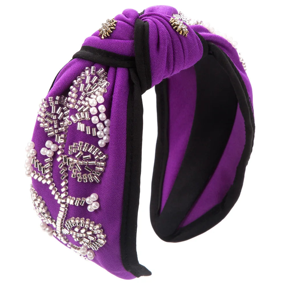 Fashion New Style Wide Brim Knotted Hairband Hand-Stitched Glass Flower Banquet
