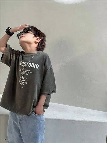 Pure Cotton Children's Short Sleeved Simple Trendy Letters Faded and Worn Half Sleeved T-shirts Boys Girls Stylish