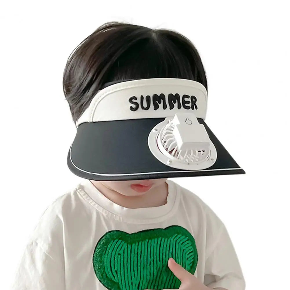 Summer Children Sun Hat with Mini Cooling Fan Empty Top Wide Brim Visor Hat Hiking Travel Sunscreen Hat Girls Boys Outdoor Sun P