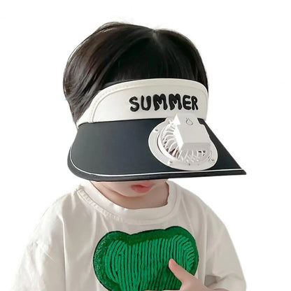 Summer Children Sun Hat with Mini Cooling Fan Empty Top Wide Brim Visor Hat Hiking Travel Sunscreen Hat Girls Boys Outdoor Sun P