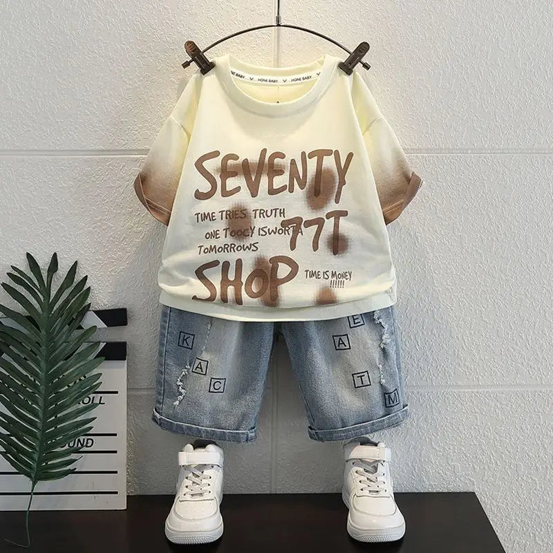 Korean Boys Summer Children's Top and Bottom 2PC Sets Short Sleeve T-Shirt & Denim Shorts Kids Clothes 1-7 Years Black Toddler