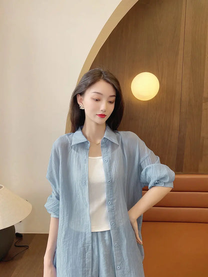 Spring and Summer Sun Protection Women's Set Stylish Loose Shirt Shorts High-end Elegant Women's Three Piece Set
