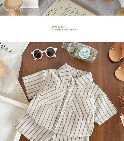 Set Children Unisex Summer New Style Cotton Stripe Pocket Shirt Polo Collar Shourts Fashion Casual Brief Versatile Korean
