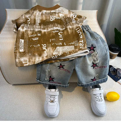 Korean Children's Summer Clothes Kids Set Outfits Boys 2025 Handsome Sleeveless&Short Sleeved T-shirt Denim Shorts 2-piece Set