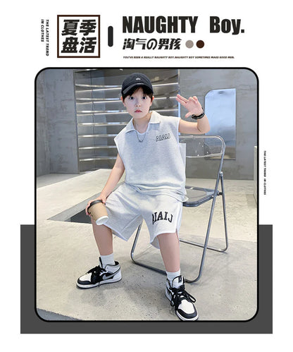 Boys Clothing Set American Style Children Vintage Vest Casual Sport Loose Pullover Sleeveless T-shirt Top Shorts Two-piece Set