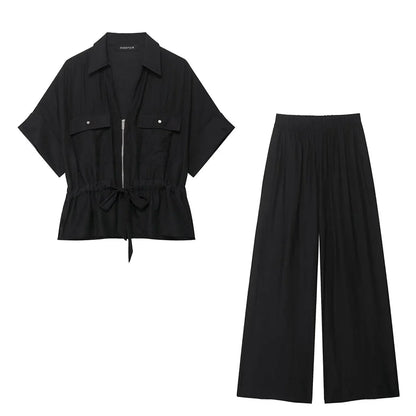 HH Women Pants Suit Solid Short Sleeve Zipper Pocket Drawstring Design Shirt Top+Elastic Waist Loose Casual Wide-leg Pants