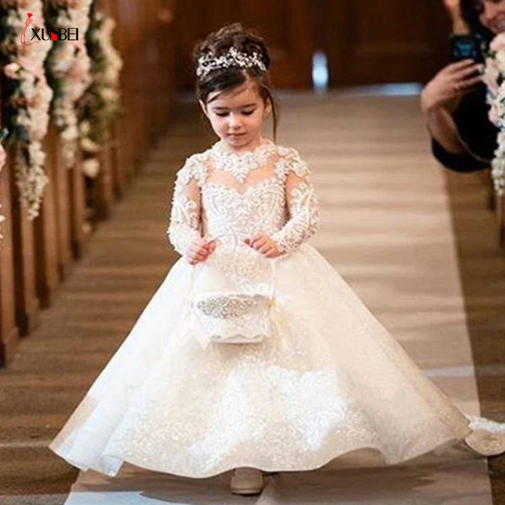 Girl Lace Appliques Princess Wedding Party Flower Girls Dresses Vintage Gown With Bow Kids First Communion Ball Gown