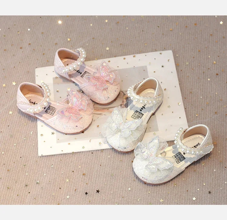 Girls Dress Shoes for Wedding Party Bling Sequins with Rhinestone Butterfly Sweet Princess Chic Kids Flat Shoes Lace Beaded