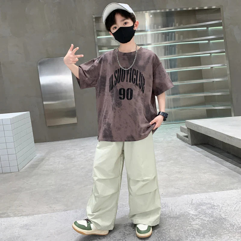 Boys Summer Clothing Set Children Casual Cotton Outfit Suit Brown Color Kids Cotton