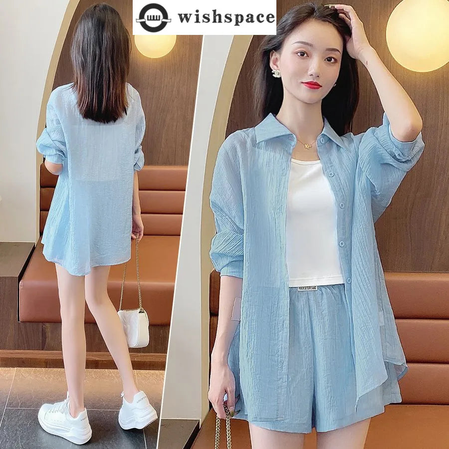 Spring and Summer Sun Protection Women's Set Stylish Loose Shirt Shorts High-end Elegant Women's Three Piece Set
