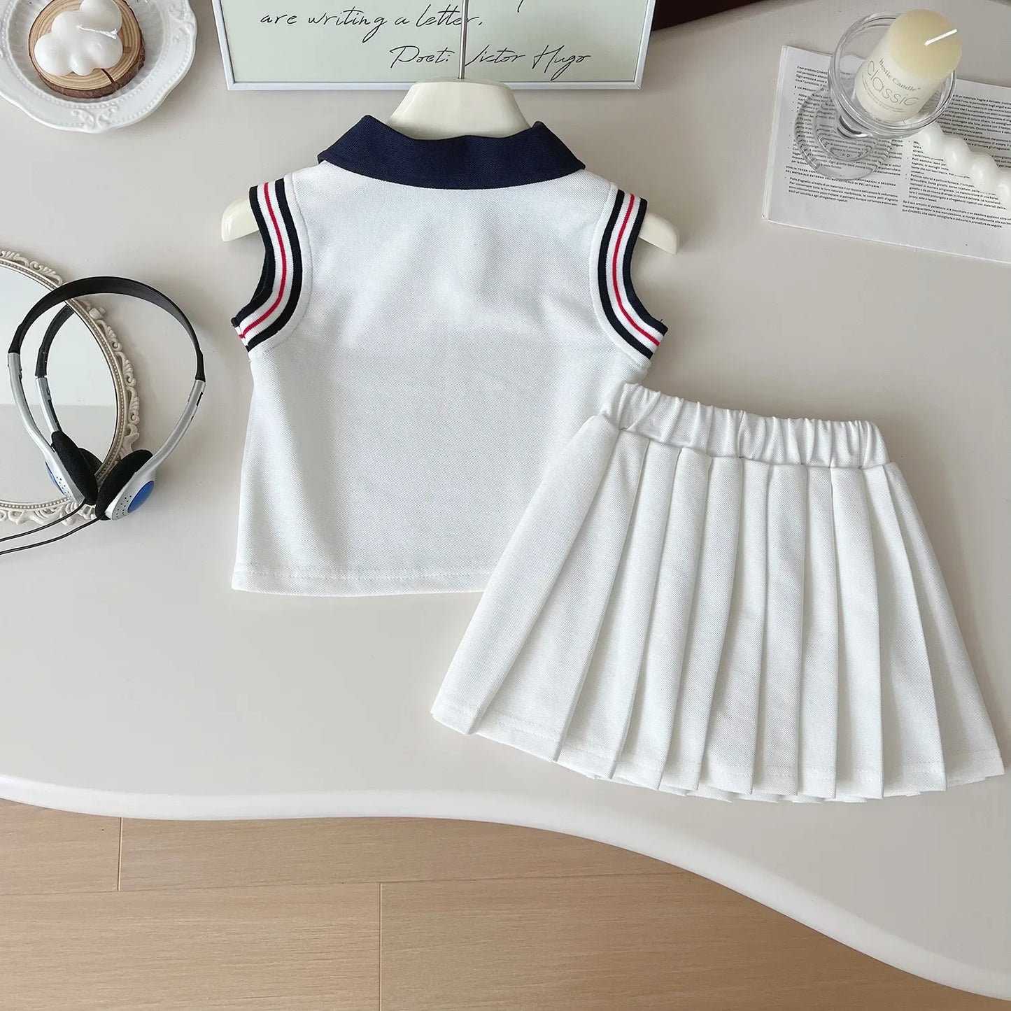 Baby Girl College Style Summer 2PCS Clothes Set Polo Collar Kid Girl Vest Top Set Thin Stylish Stripe Pleated Skirt Belle Outfit