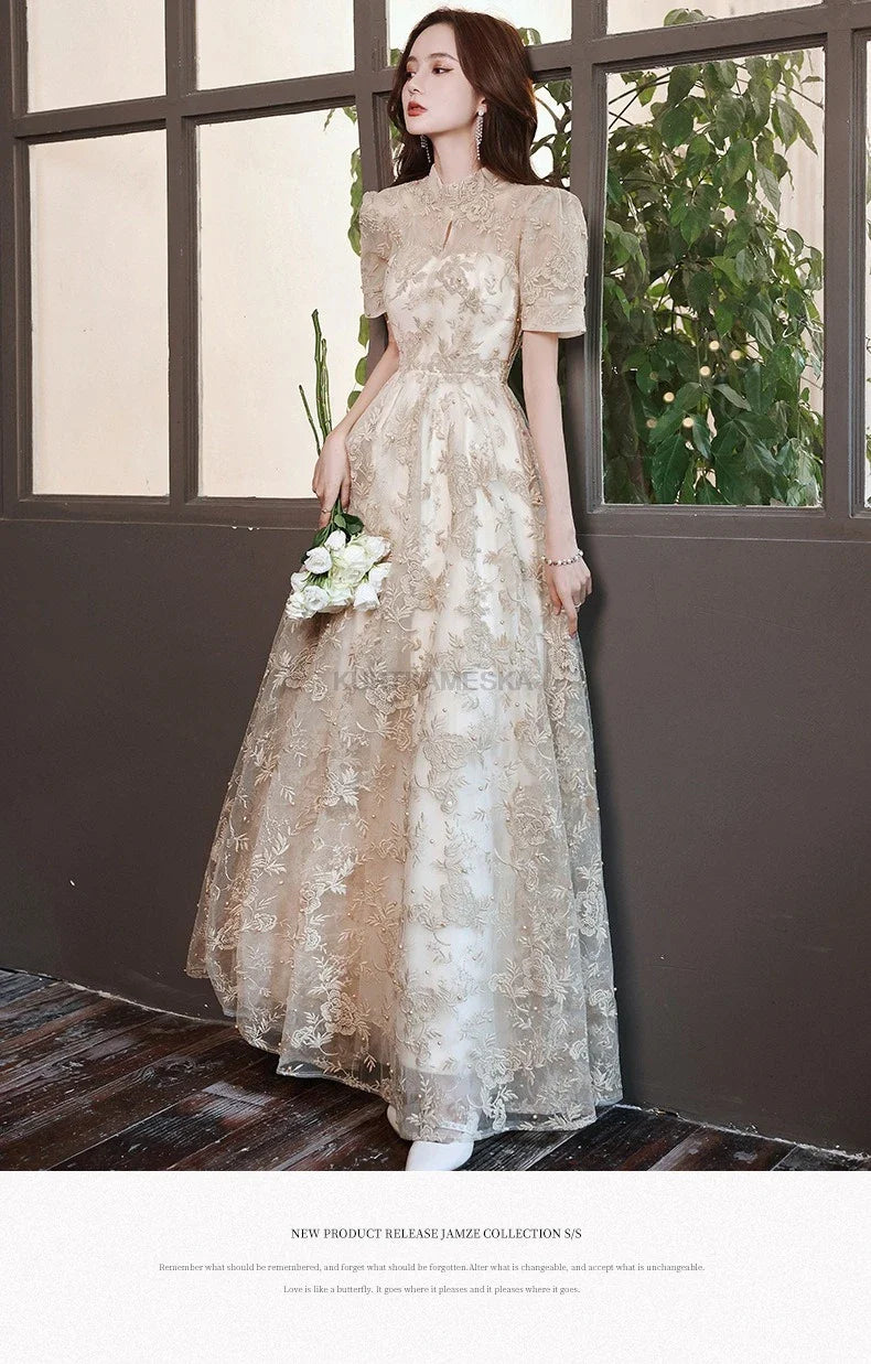 Elegant High Collar Evening Prom Bridesmaid Banquet Party Ball Dress Gown Short Sleeve Flower Embroidery Appliques Formal Dress