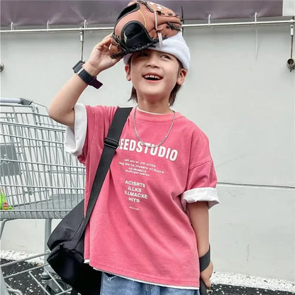 Pure Cotton Children's Short Sleeved Simple Trendy Letters Faded and Worn Half Sleeved T-shirts Boys Girls Stylish