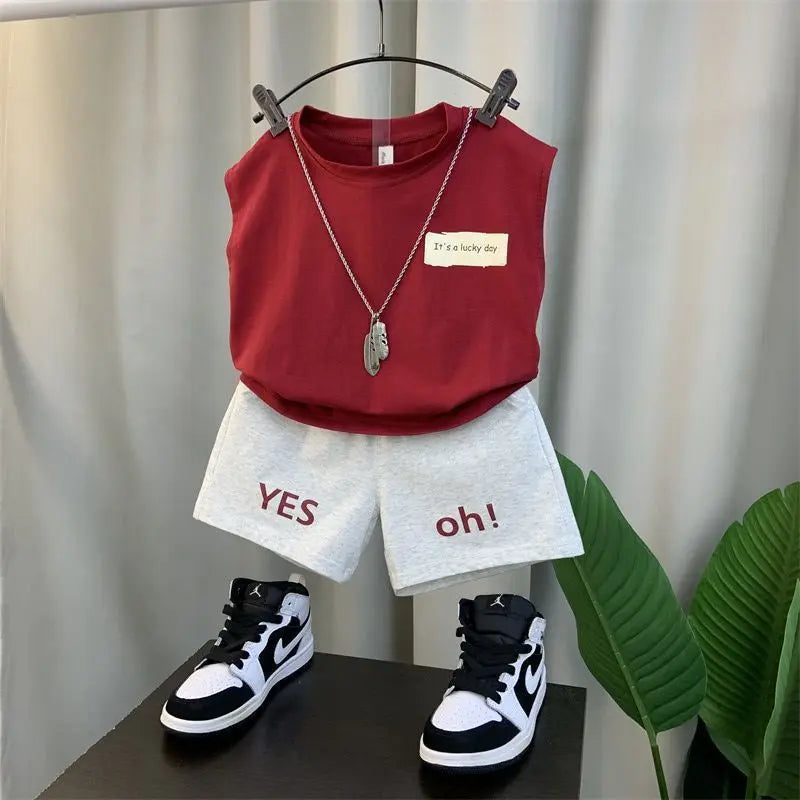2024 Boy’s Loose Vest Sets Baby Casual Fashion Suit Summer New Children's Thin Sleeveless Round Neck Top Shorts 2Pcs 12M-6Years