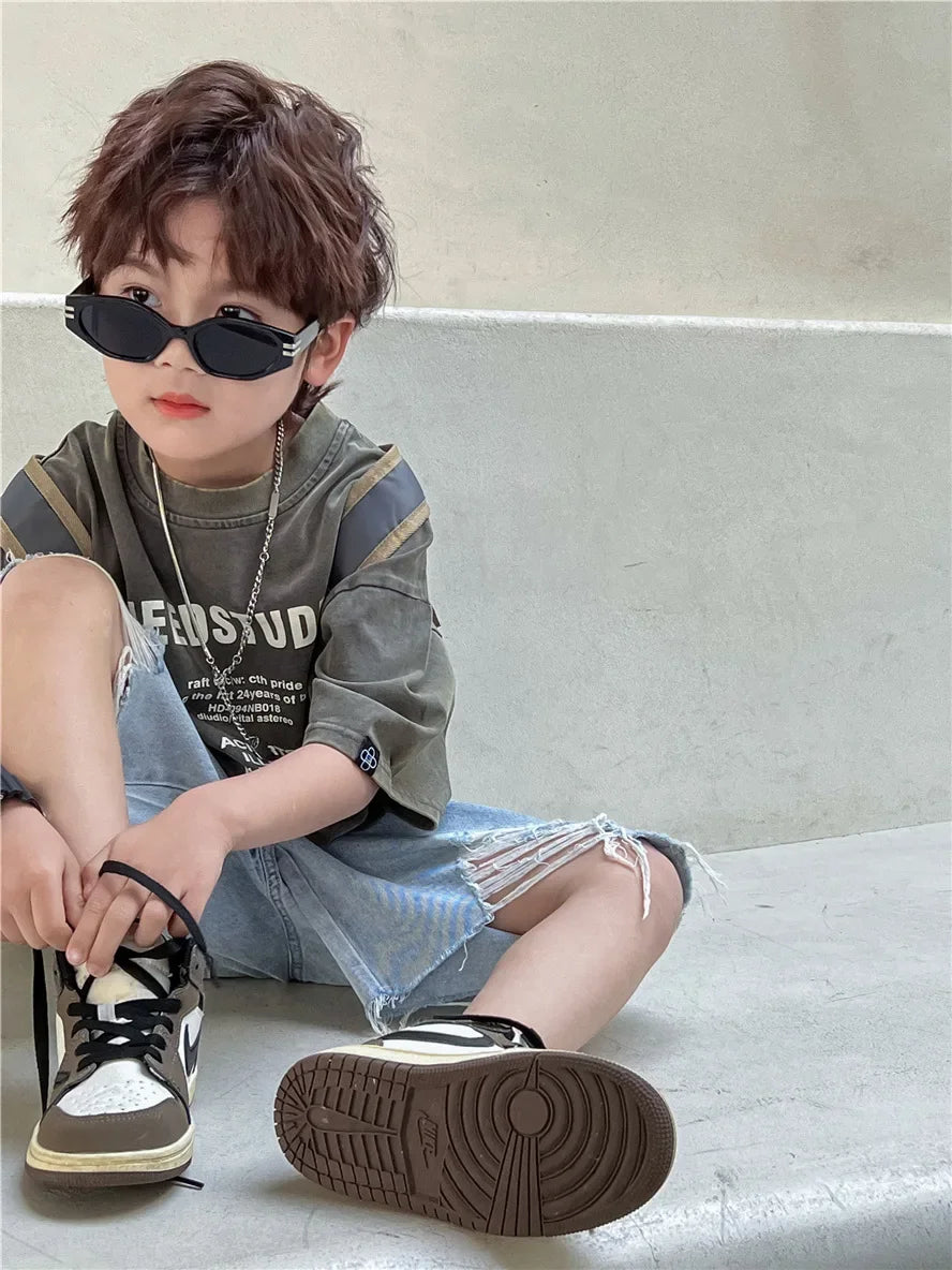 Pure Cotton Children's Short Sleeved Simple Trendy Letters Faded and Worn Half Sleeved T-shirts Boys Girls Stylish